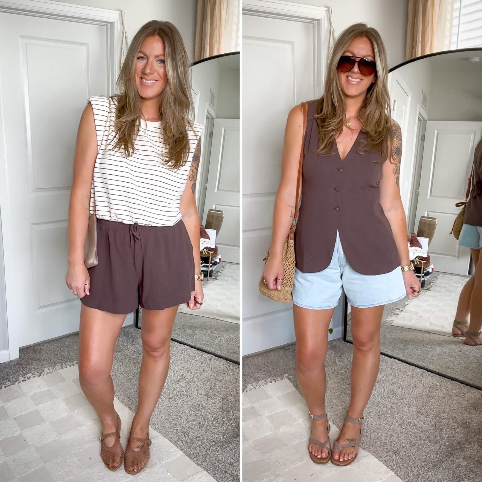 Large striped tee, us10 brown shorts, us10 vest, 10/30 curve love shorts, 11 shoes 

#LTKOver40 #LTKMidsize