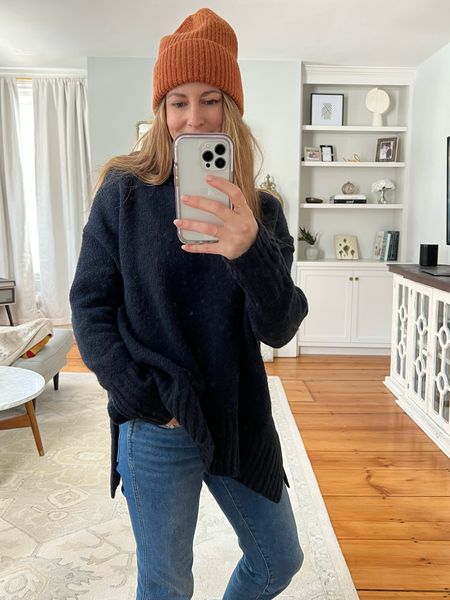 Comfiest jeans, stretchy waist and tts, cozy sweater, classic sweater, turtleneck, snow day outfit, cute beanie, madewell style, oversized sweater 

#LTKstyletip #LTKSeasonal #LTKunder100