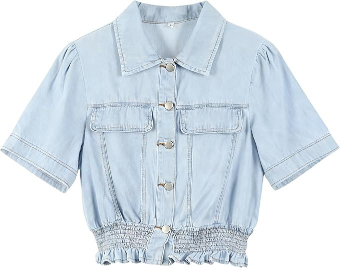 Omoone Women's Short Sleeve Denim Shirt Peplum Ruffle Hem Denim Crop Top Jackets Cowgirl Outfits | Amazon (US)