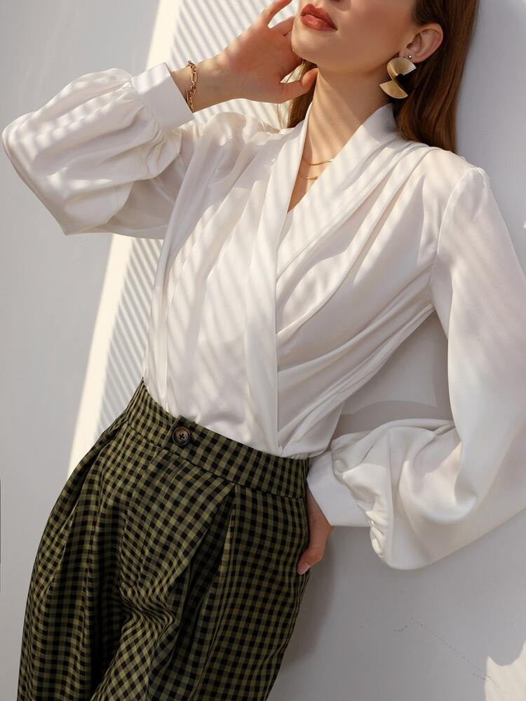 Surplice Front Lantern Sleeve Blouse | SHEIN