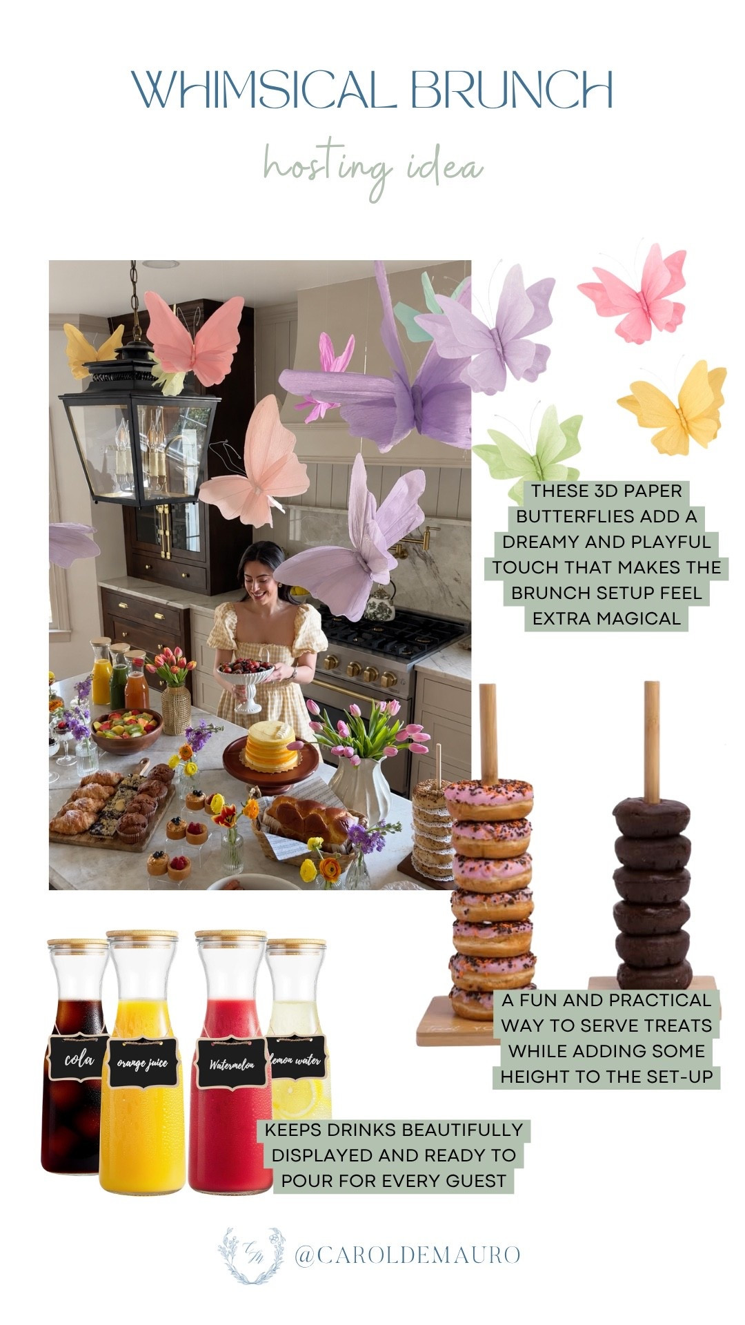 whimsical party, brunch hosting idea, paper butterflies, carafe, donut holder, food plating, hostess must haves, summer hosting, food presentation, drink dispenser, floating decor

#LTKHome