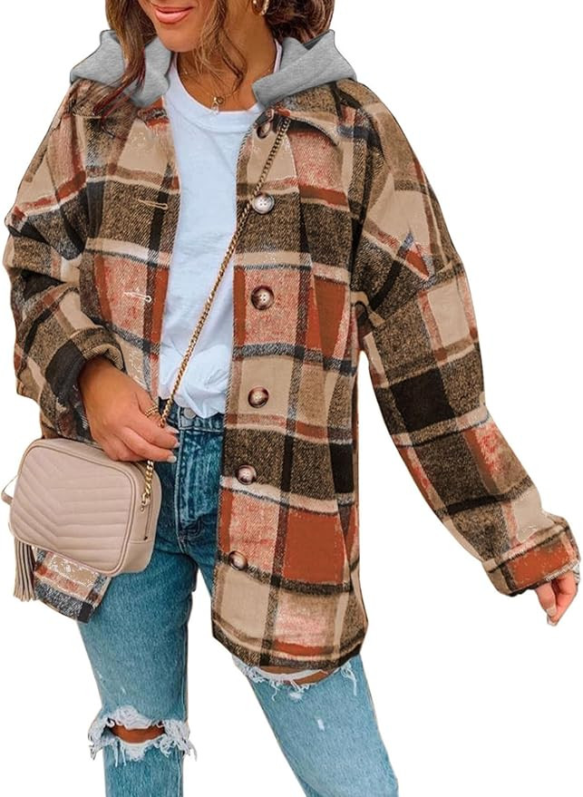 EVALESS Womens Plaid Corduroy Flannel Shacket Jacket Casual Long Sleeve Button Down Shirts Hooded... | Amazon (US)