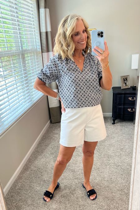 Spanx no show through white shorts in 6” 
I’m wearing a medium and think I could do a small 
TODAY ONLY the stretch twill and sunshine shorts are 30% off  

#LTKSeasonal #LTKsalealert #LTKunder100