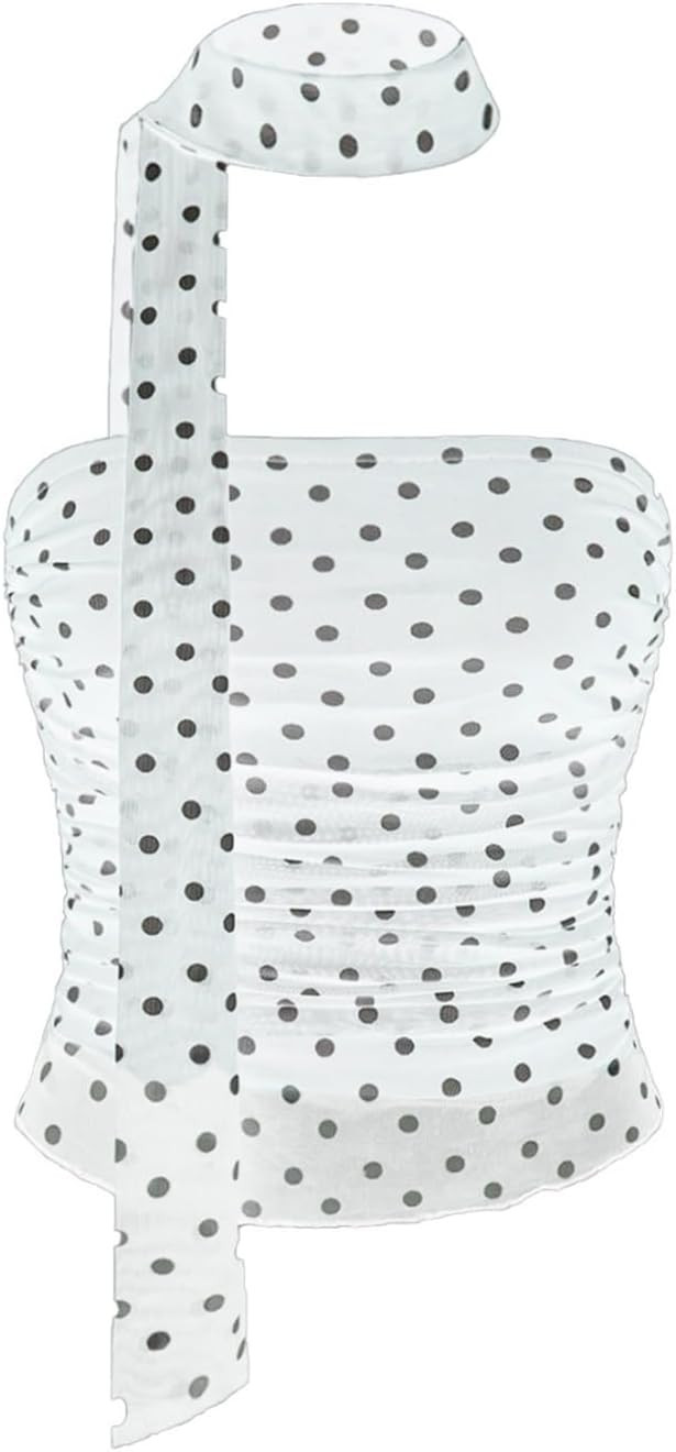 Women Y2k Polka Dot Mesh Crop Tube Top with Scarf Sleeveless Strapless Cute Fitted Ruched Bandeau... | Amazon (US)
