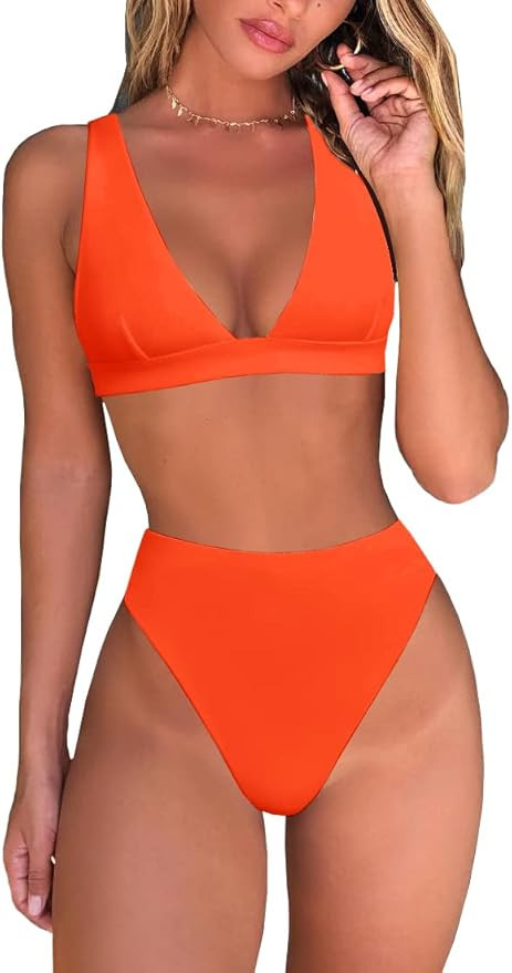 Womens High Waisted Thong Bikini Sets Sexy Brazilian Triangle Top Deep V Neck Two Piece Swimsuit ... | Amazon (US)
