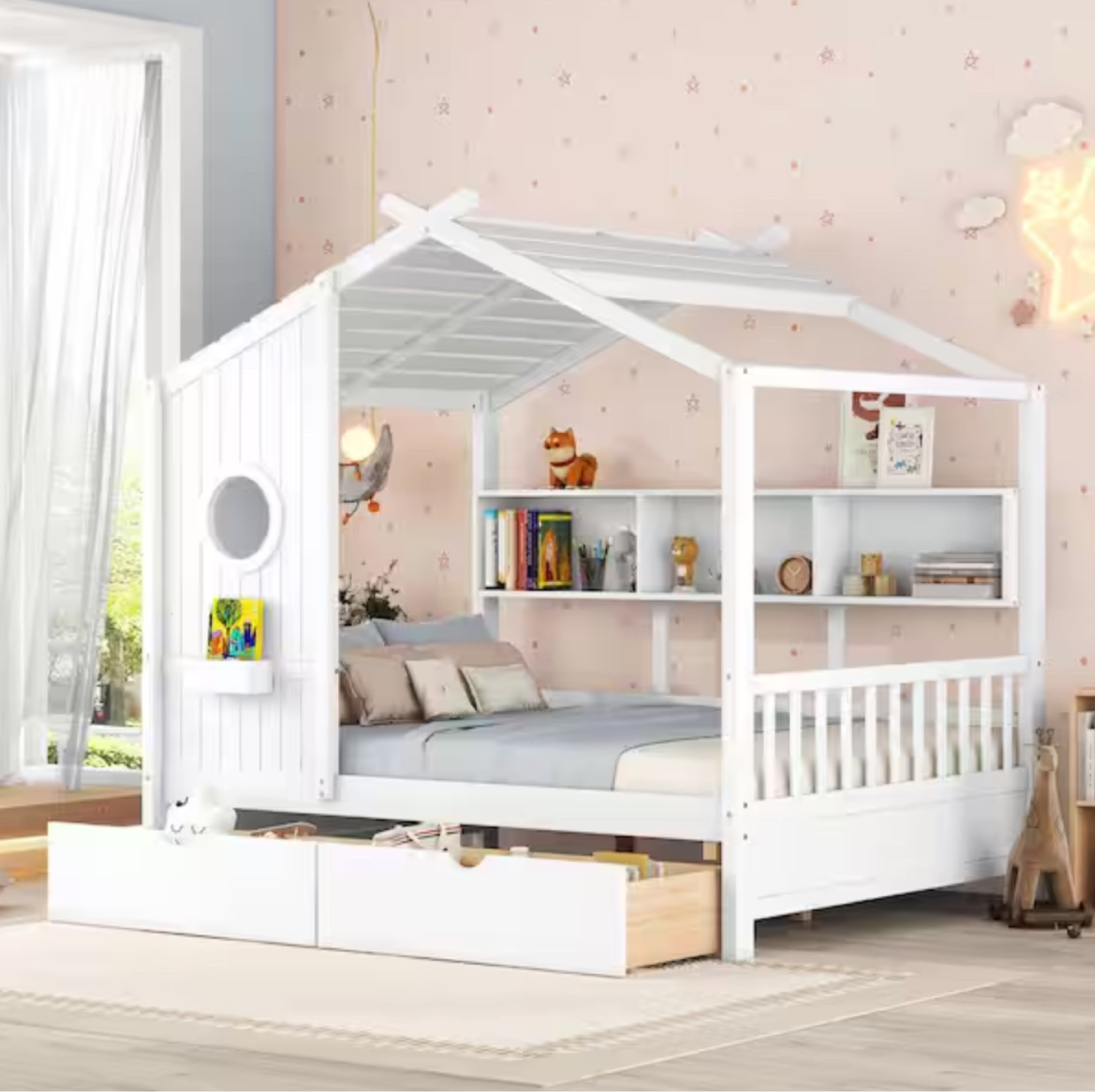 White Wood Full Size House Bed with 2 Under-bed Drawers, Storage Shelves and Shelf Compartment

This bed looks like a tiny playhouse thanks to the pitched roof and wall section with window, which is very interesting and caters to child preferences. The bed appearance doubles as a semi-enclosed play place perfect for kids to study, watch TV or explore their imaginations. There are shelves on the back of this bed, which can be used to store various things like decorations, books and so on. With guardrails and sturdy wood frame, this bed offers a safe space for your kids to get a sound night's sleep. The contemporary style and neutral finish blend smoothly with any color scheme, allowing this design to shine.

#LTKKids #LTKHome