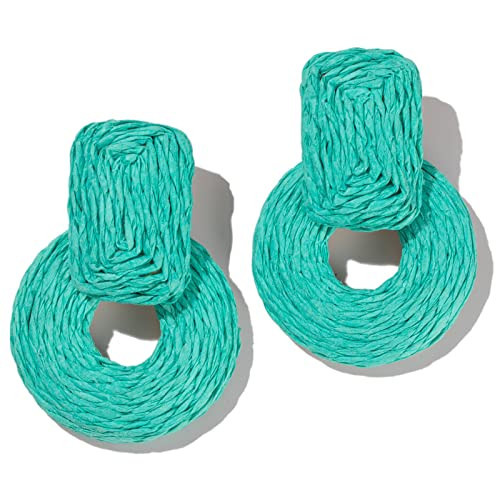 Statement Raffia Earrings Cute Boho Earring Rattan Dangle Handmade Straw Wrap Earrings Summer Drop Dangling Earrings for Women(Turquoise Blue) | Amazon (US)