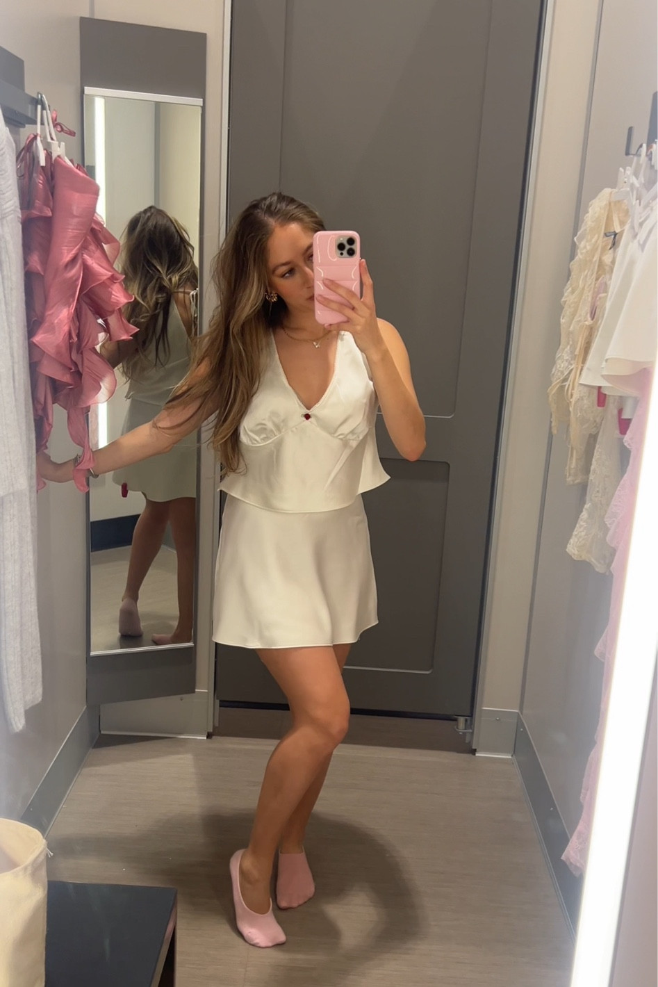 Target Satin baby rose top and skirt set
wearing medium top, XS skirt 

My measurements:
5’2, 24-25 waist, small top, 6.5 shoe