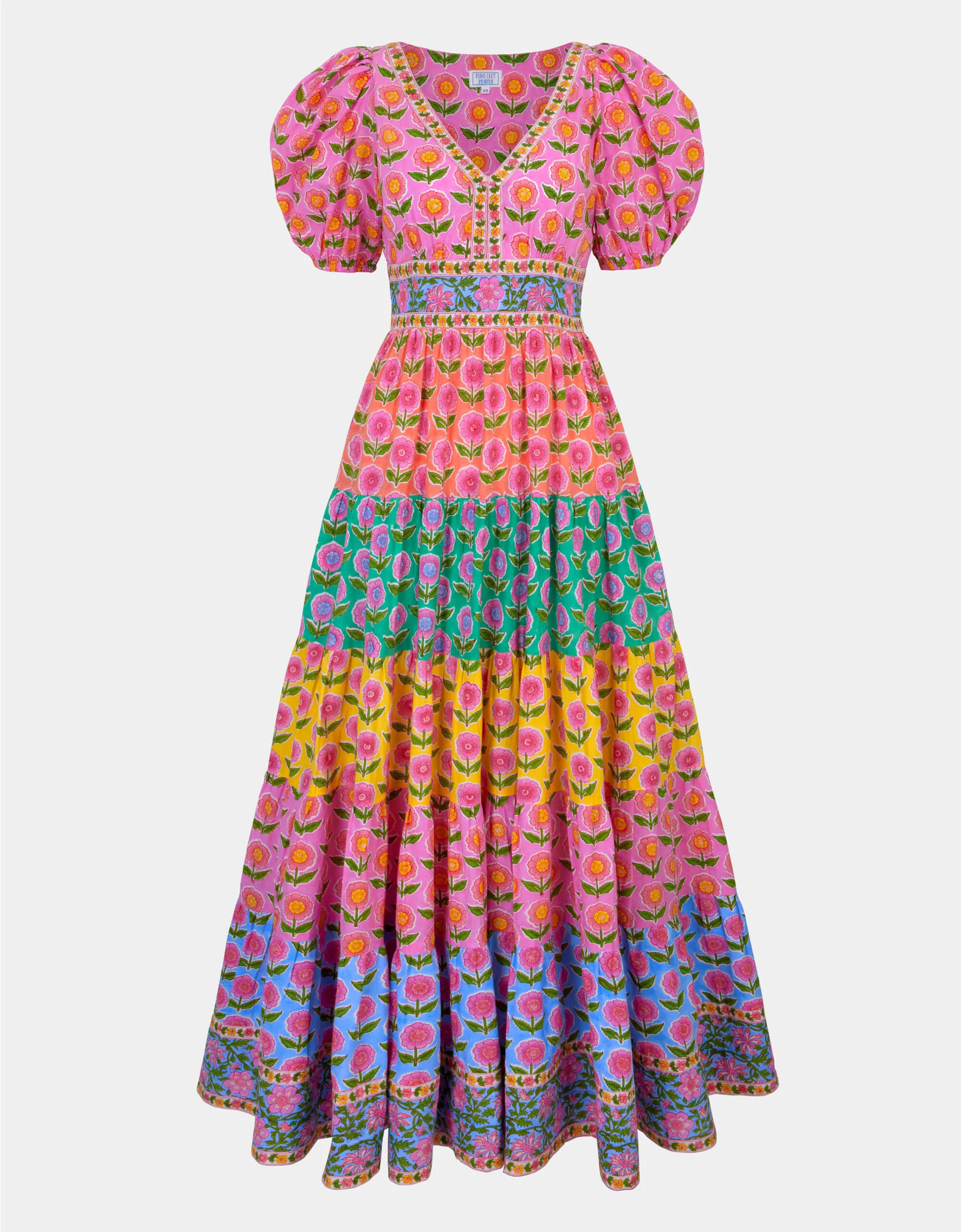 Zizi Dress | Blue, Yellow & Pink Floral Maxi | Screen Print Cotton | Pink City Prints UK