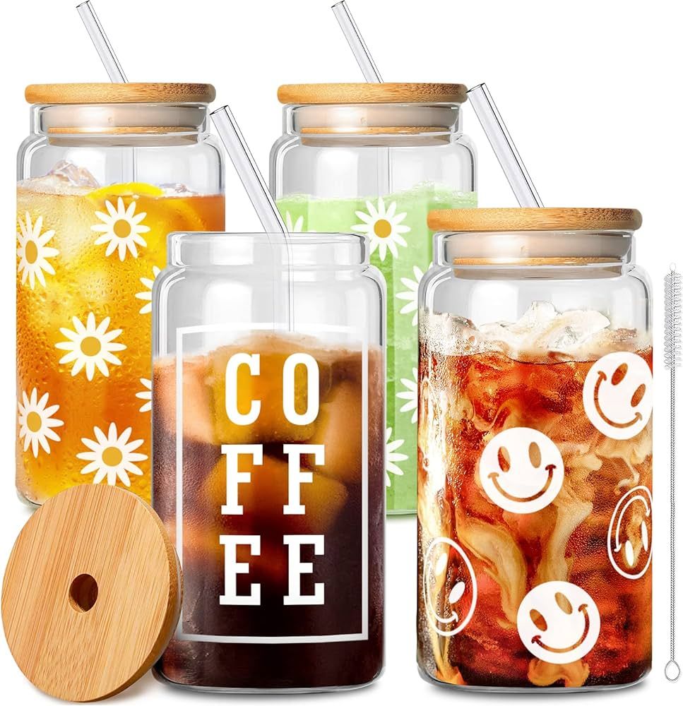 GMISUN Glass Cups with Lids and Straws, 16oz Iced Coffee Cup, Beer Can Glass with Lids and Straw,... | Amazon (US)