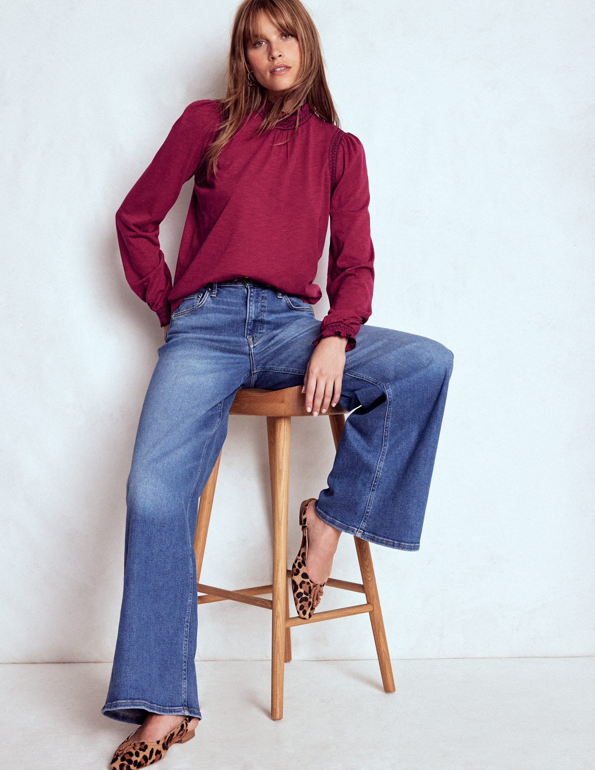 Tia Smocked Neck Jersey Top-Ruby Red | Boden UK
