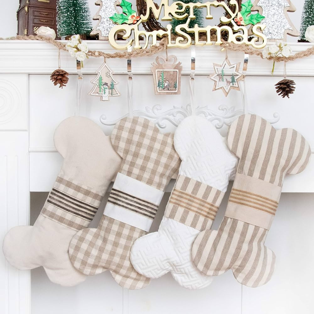 LUBOT 1 Ps Cream 18" Dog Christmas Stockings Bone Pet Plaid/Rustic/Farmhouse/Country Canvas Firep... | Amazon (US)