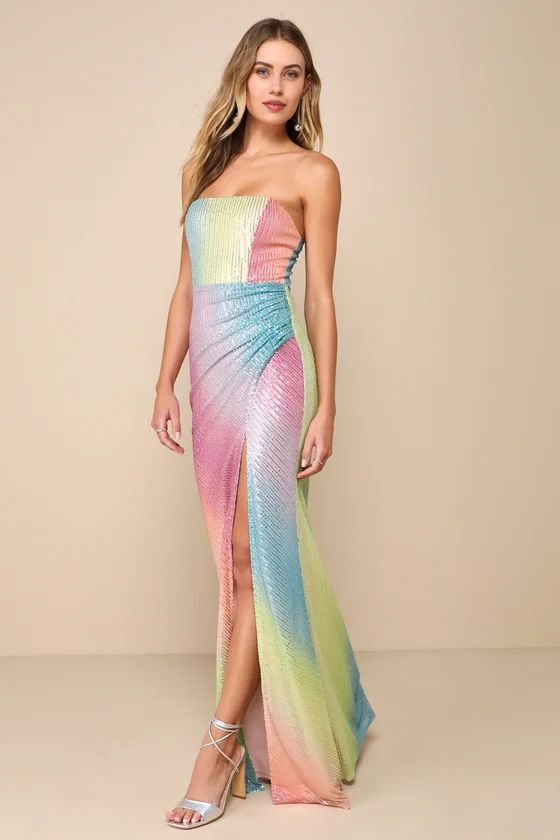 Ethereal Brilliance Rainbow Sequin Strapless Maxi Dress | Lulus