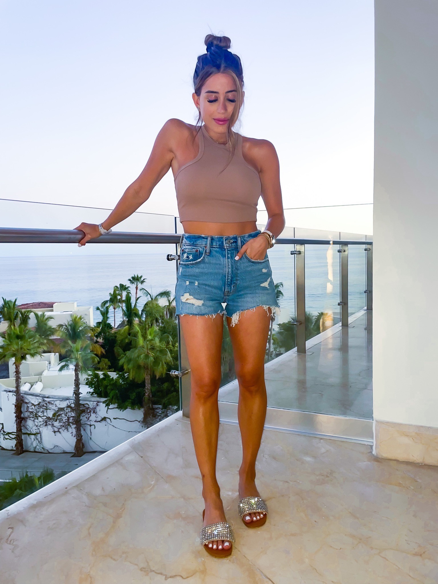 Denim shorts size 24 tank top Xs studded sandals 

#LTKunder50 #LTKunder100 #LTKsalealert