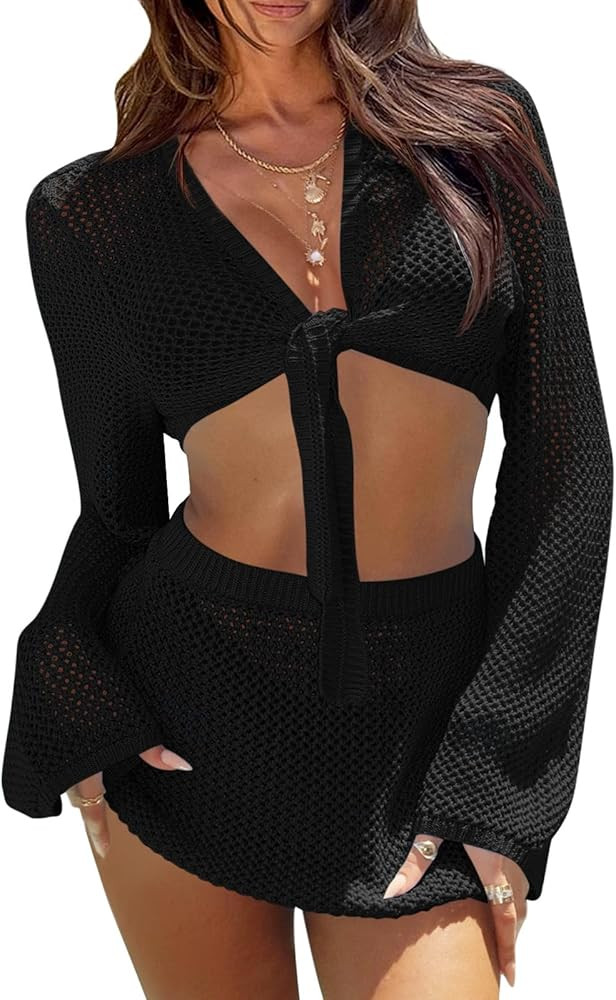 Fisoew Womens Crochet Swimsuit Coverups 2 Piece Bathing Suit Cover Up Long Sleeve Tie Front Crop ... | Amazon (US)