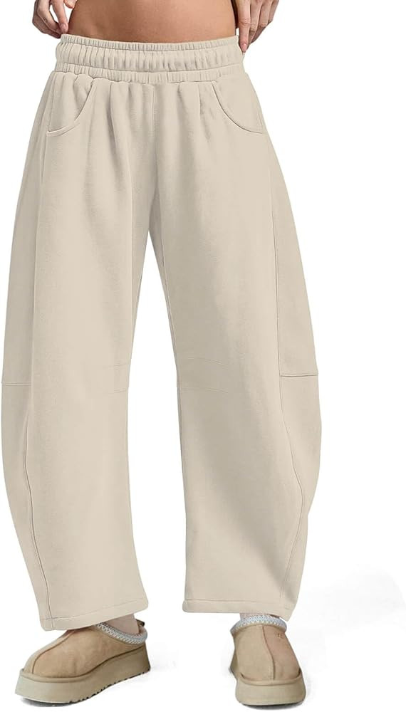 Womens Barrel Ankle Sweatpants Fleece Lined Baggy Sweat Pants Interior Drawstring Trousers with P... | Amazon (US)