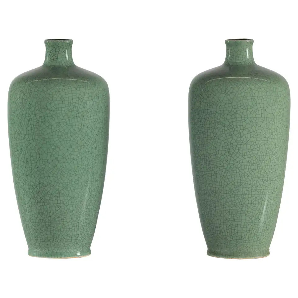 Pair of Vintage Celadon Porcelain Vases with Elegant Crackled Glaze | 1stDibs