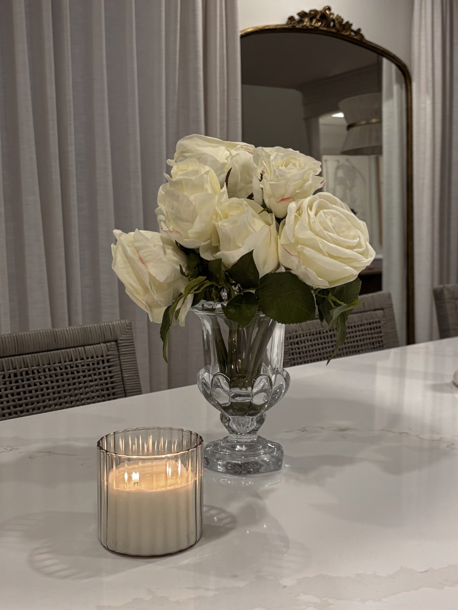 Splurged on these highest quality faux roses & they are so worth it! It’s like having fresh flowers everyday 🤍  they look so real! Vase is from Amazon and candle is Target! 

#LTKHome