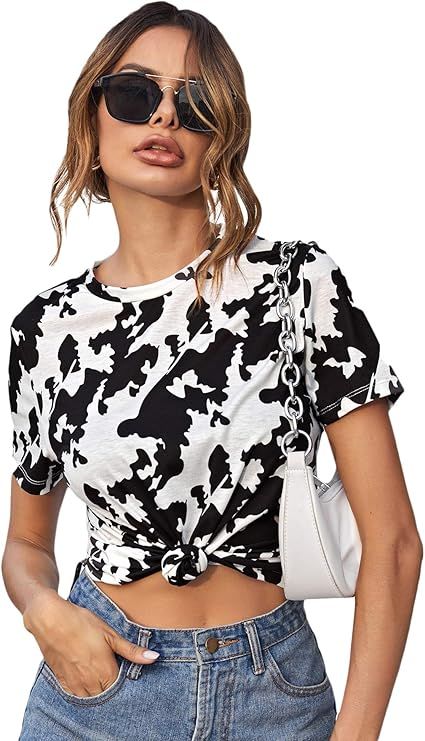 SweatyRocks Women's Leopard Print Short Sleeve Round Neck Casual T Shirt Tops | Amazon (US)