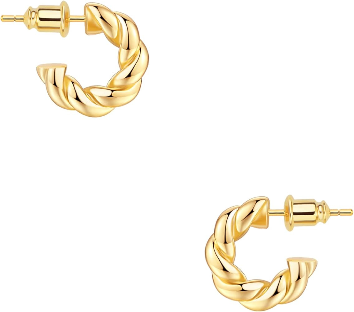 Wowshow Gold Hoop Earrings 14k Gold Plated Twisted Rope Round Chunky Hoop Earrings Gift for Women | Amazon (US)