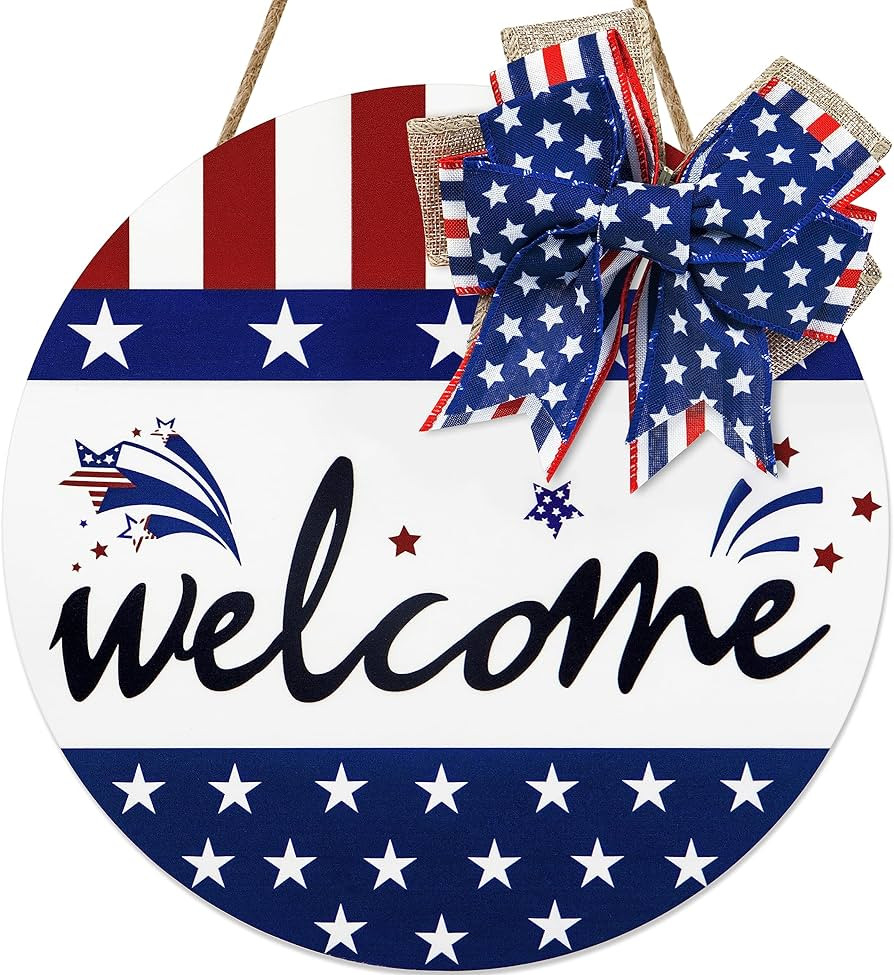 4th of July Patriotic Wreath Welcome Sign with 30 LED Lights, Hanging Front Door Sign for Wall Po... | Amazon (US)