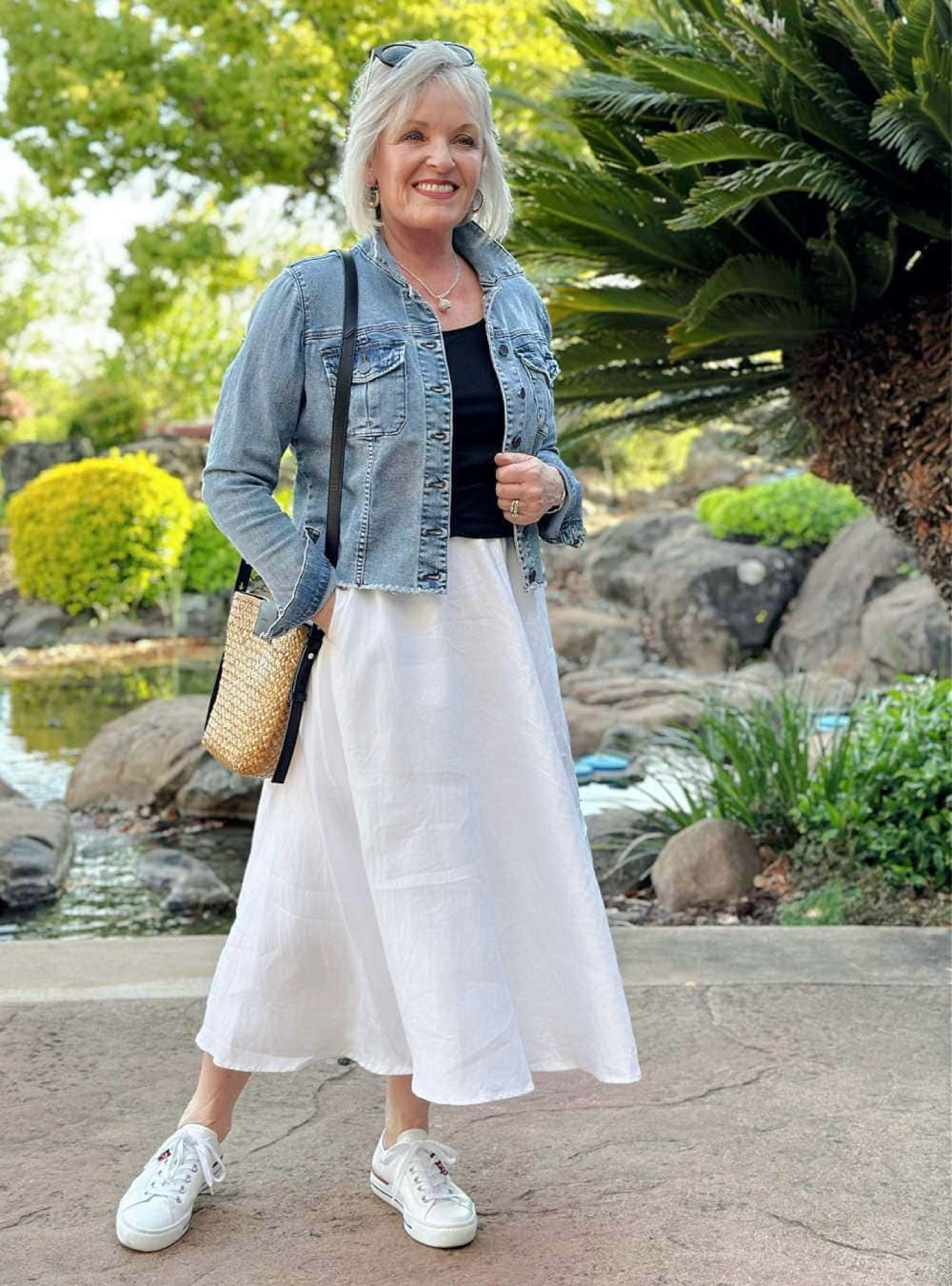 Loving the look of white sneakers with white linen  skirt and cropped denim jacket. 
Add straw crossbody and silver necklace. 
Reformation Summer skirt in size 8

#LTKOver40 #LTKShoeCrush #LTKStyleTip