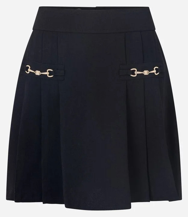Short Saia Plissado em Crepe com Detalhes de Correntes Preto | Renner (BR)