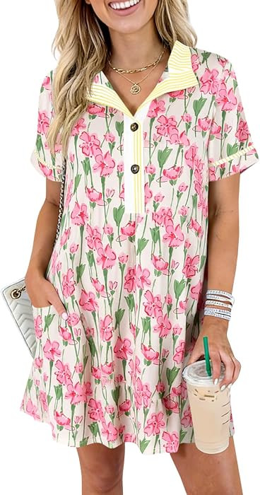 Wenrine Womens Floral Mini Dress Short Sleeve Summer Boho Dresses | Amazon (US)