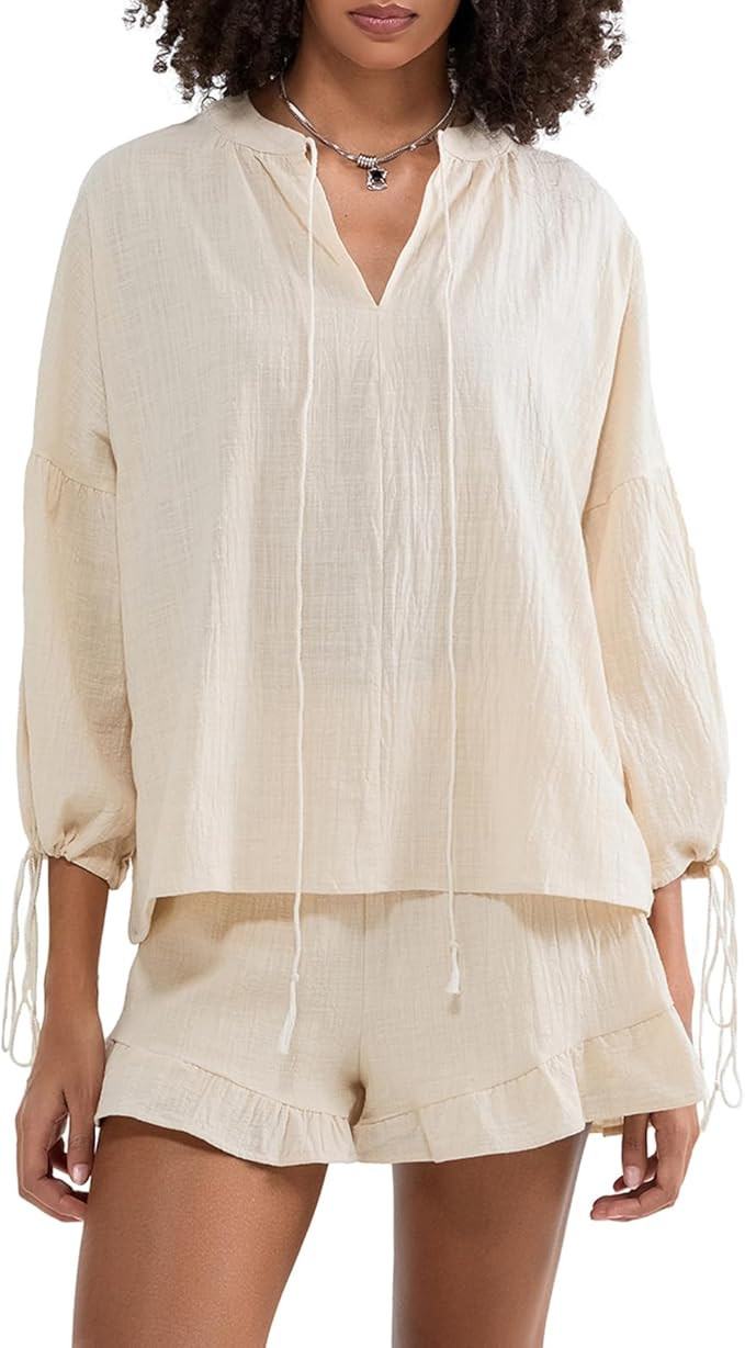 Mxiqqpltky Linen Shorts Sets Women 2 Piece Outfits Long Sleeve Tie Front Tops and Ruffled Boxer S... | Amazon (US)