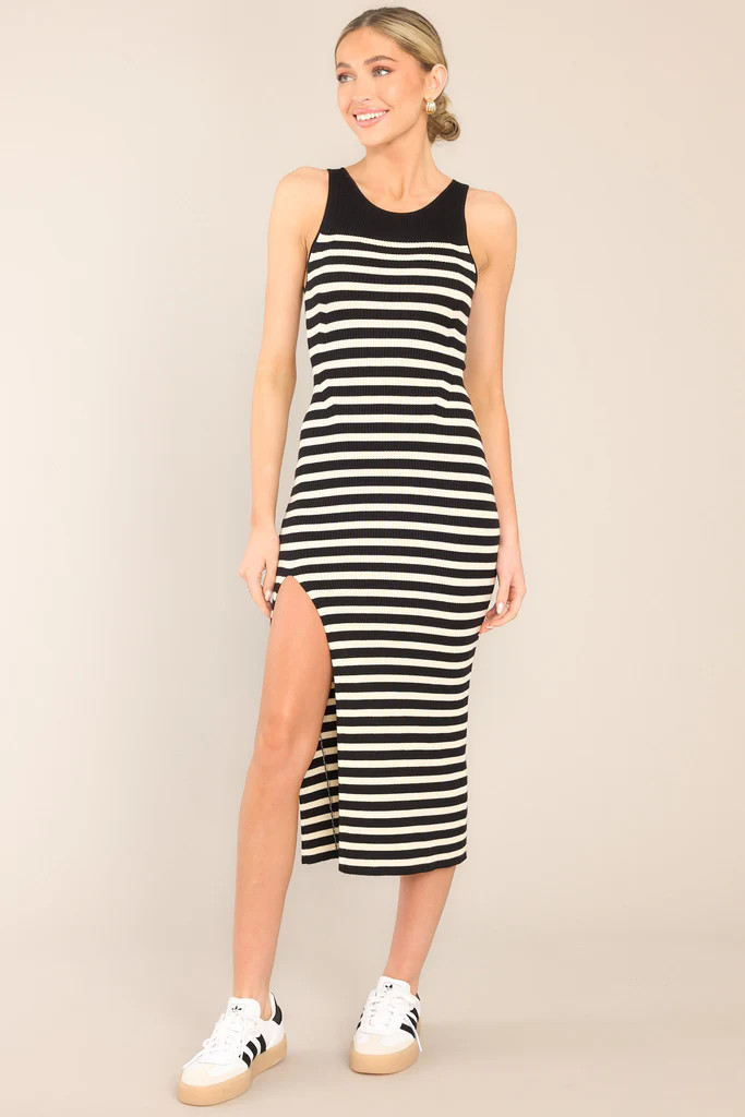 Life's Victories Black & Ivory Stripe Midi Dress | Red Dress