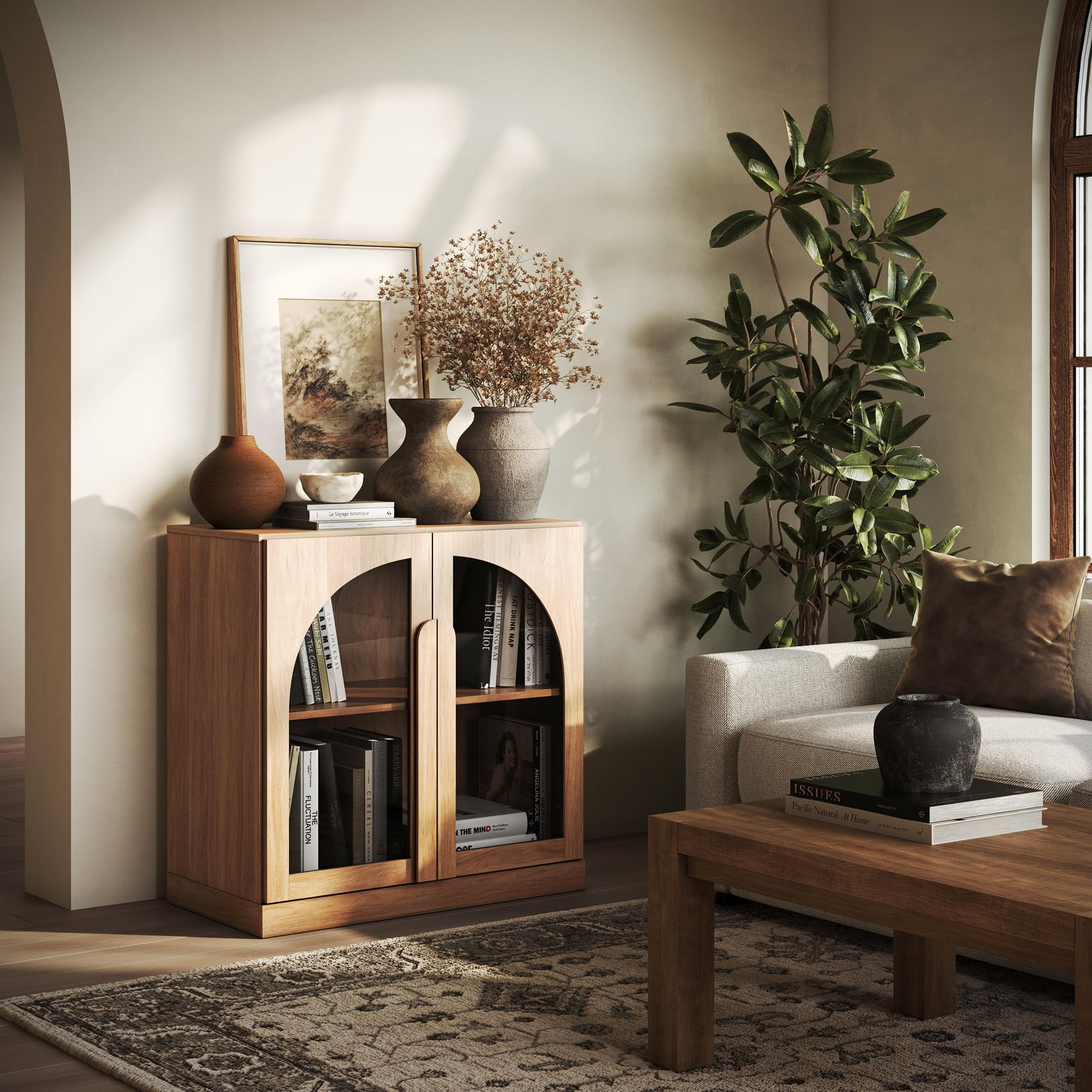 BELLEZE 2 Tier Bookshelf with Arched Glass Door, Modern Display Bookcase Shelf with Storage and A... | Amazon (US)