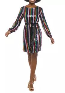 Women's Blouson Sleeve Sequin Stripe Dress with Belted Waist | Belk