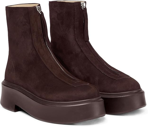 Coutgo Womens Front Zip Ankle Boots Comfortable Platform Flat Chunky Heel Booties Round Toe Casua... | Amazon (US)