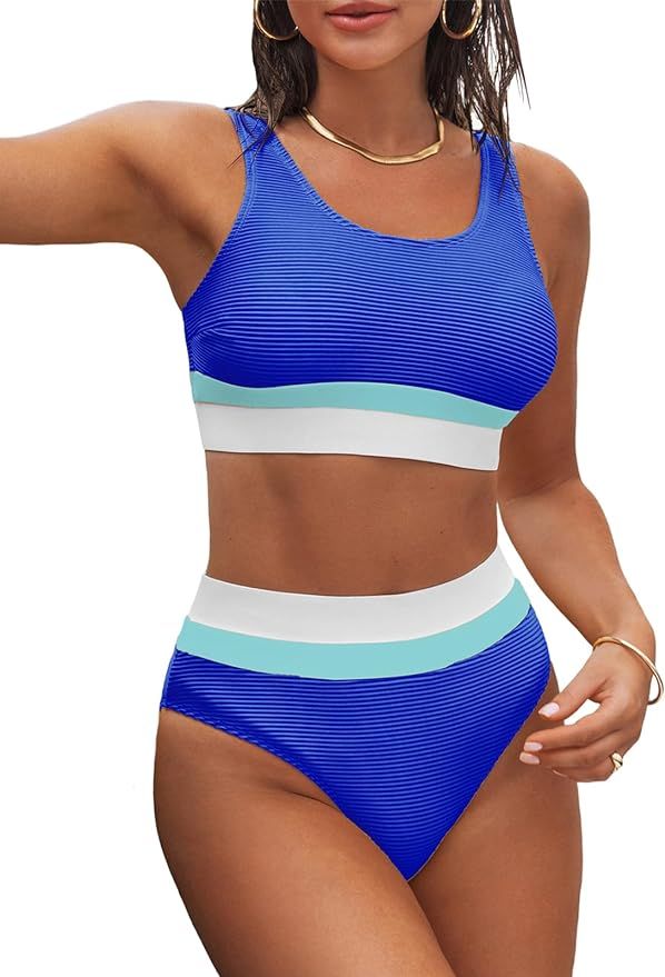 CUPSHE Women's Bikini Sets Two Piece Bathing Suit High Waisted Scoop Neck Color Block Ribbed Swim... | Amazon (US)