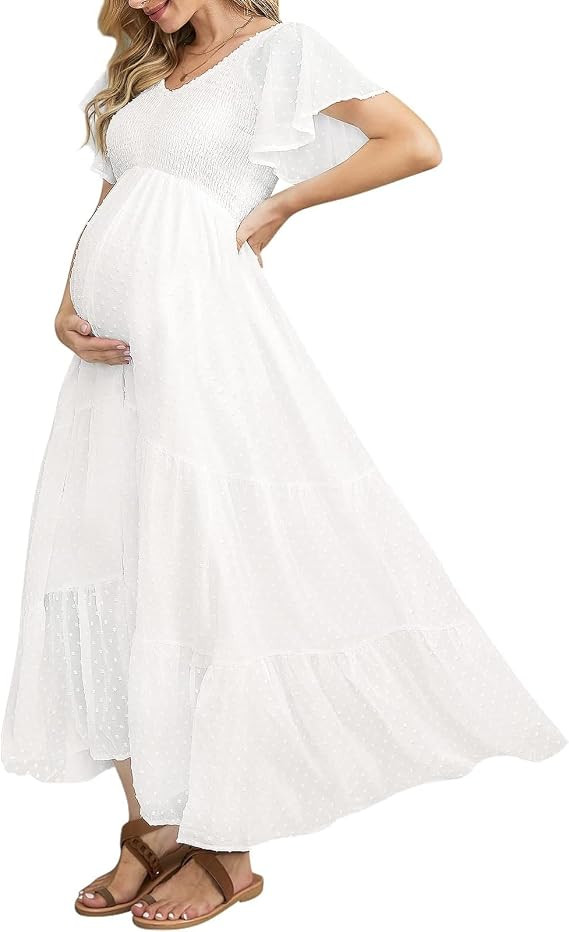 Swiss Dot Smocked Maternity Dress for Photoshoot Baby Shower, Flowy V Neck Ruffle Sleeve Empire W... | Amazon (US)