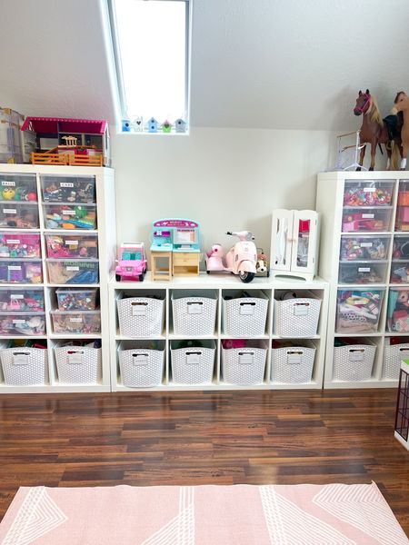 3 cubby units put together to make a great playroom toy system! The clear bins are sweater & deep sweater sizes ✨