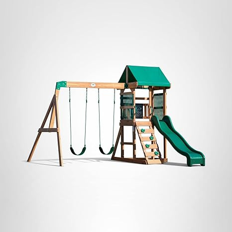 Backyard Discovery Buckley Hill Cedar Wood Swing Set with Wave Slide, Play Deck, Rock Wall Ladder... | Amazon (US)
