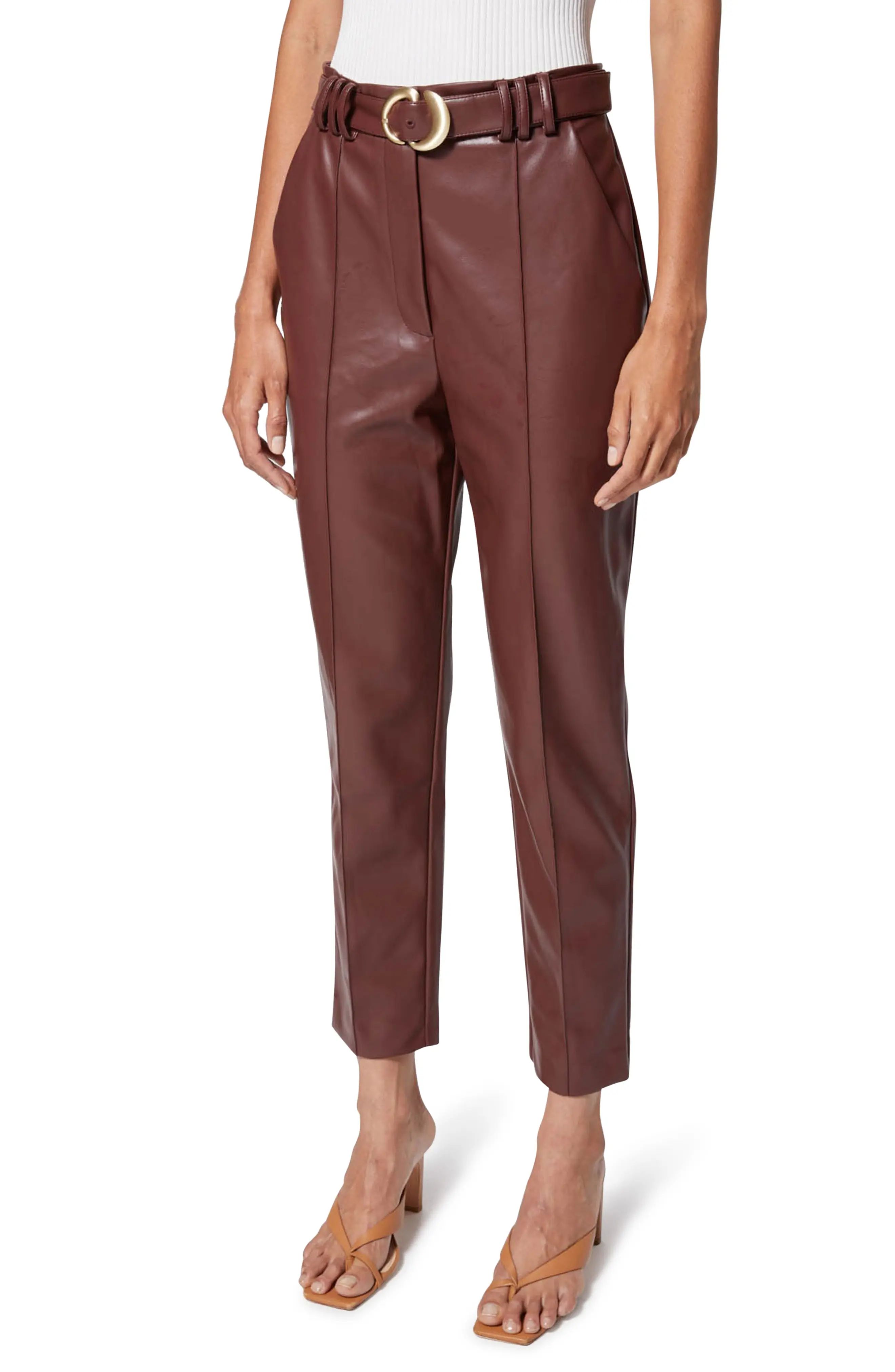 Jonathan Simkhai Pauline Belted Faux Leather Crop Pants in Mahogany at Nordstrom, Size 14 | Nordstrom