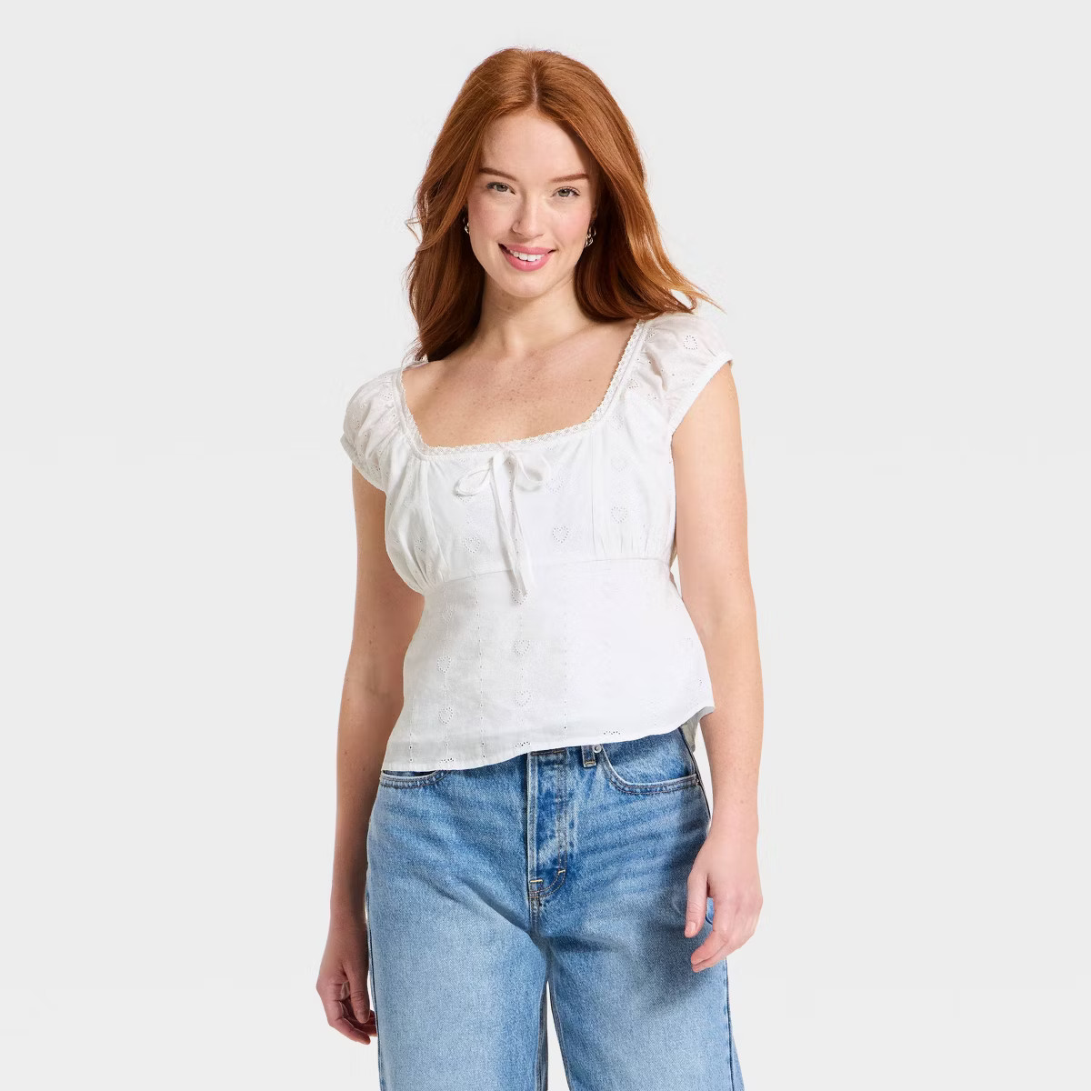 Women's Cap Sleeve Valentine's Day Pointelle Heart U-Neck Peasant Top - Universal Thread™ White | Target