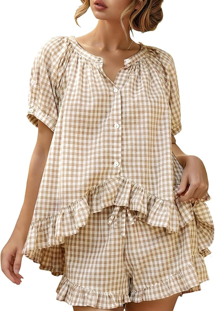 Wyeysyt Womens Gingham Pajamas Set 2 Piece Cotton Pj Sets Ruffle Babydoll Shirt and Plaid Shorts | Amazon (US)