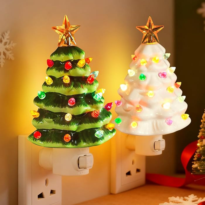 2 Pack Ceramic Christmas Tree Night Light, 6” Decorative Xmas Tree Lamp Multicolor Bulbs & ON/O... | Amazon (US)