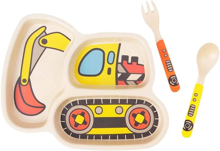 Kids Plates - 3-Piece Bamboo Toddler Plates Dinnerware Set - Divided Plate, Baby Spoon & Fork - T... | Amazon (US)