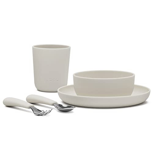 Lalo Big Bites Kids Dinnerware Starter Set - Dishwasher Safe, BPA Free, Kids Tableware Set - Includes Stackable Bowl, Plate, Utensils & Cup - 5 Pieces - Oatmeal | Amazon (US)