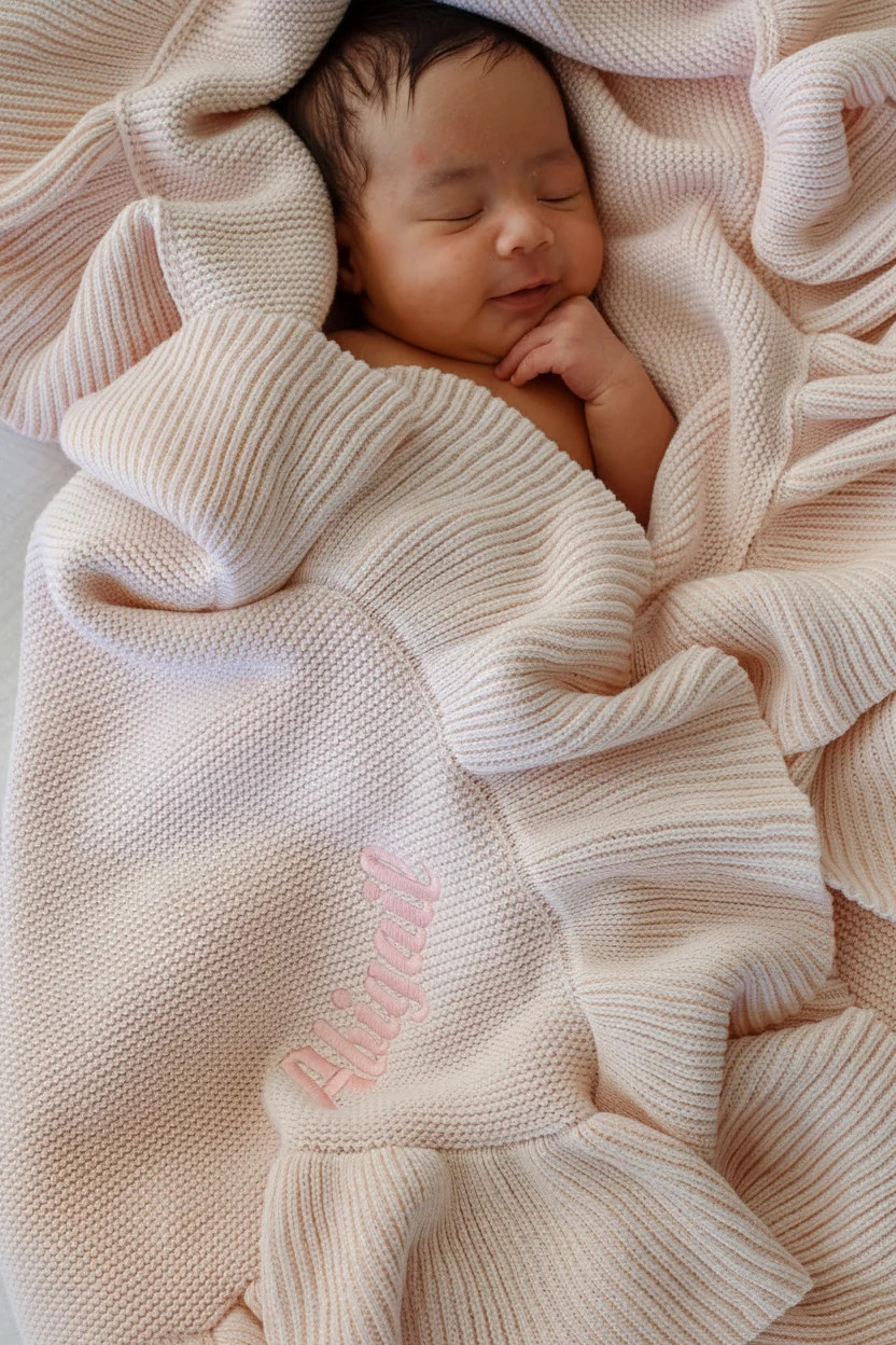 Embroidered Knit Blanket With Ruffle | Tea Rose | Caden Lane