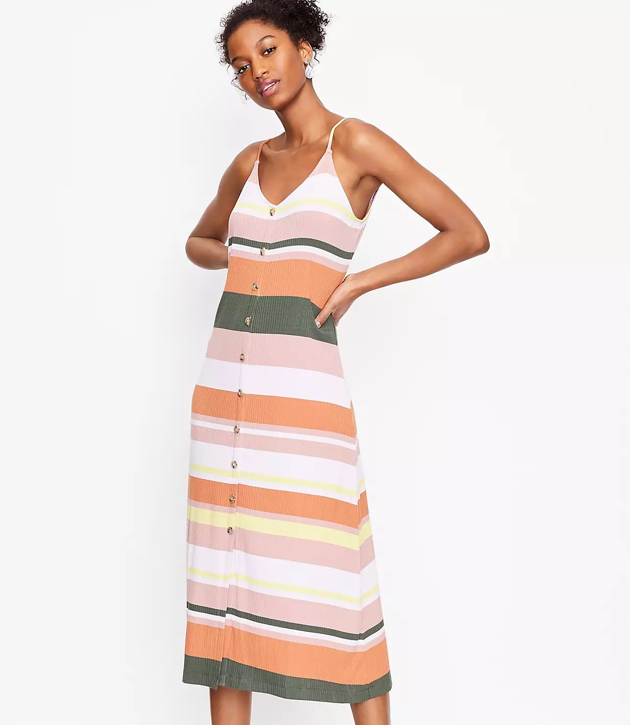 Striped Button Strappy Midi Dress | LOFT
