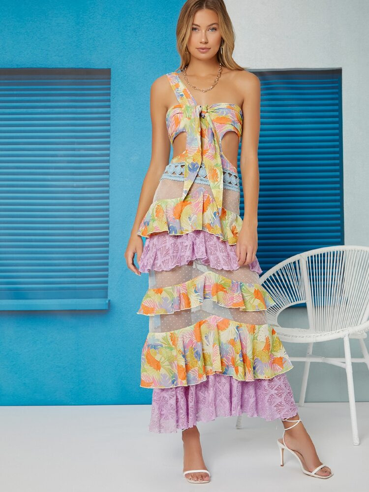 SHEIN X Ji Yeon Lee Knot Front Mesh Insert Layered Hem Dress | SHEIN