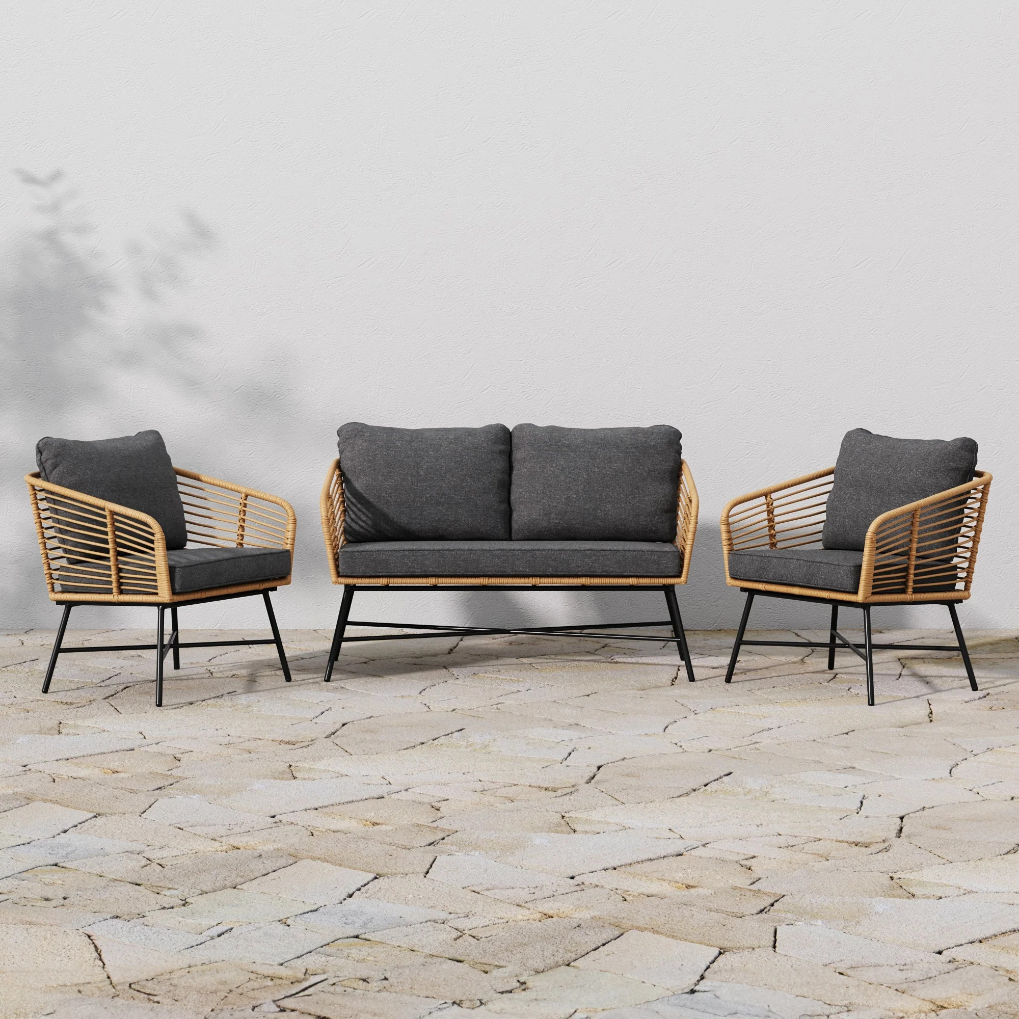 Outdoor Set Wicker Loveseat & 2 Chairs Dark Gray | Nathan James