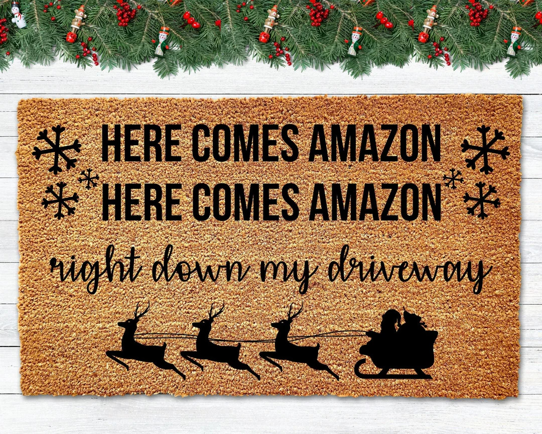 Here Comes Amazon Doormat, Funny Christmas Doormat, Funny Doormat, Christmas Welcome Mat, Merry Chri | Etsy (US)