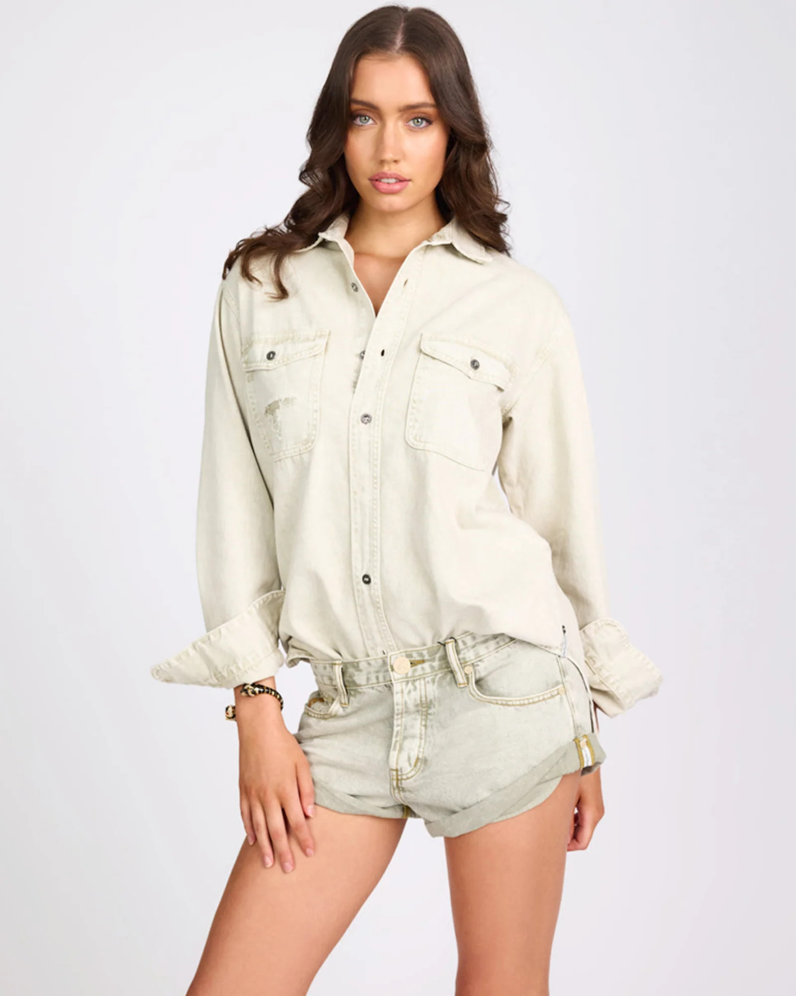 Everyday Denim Shirt - Antique White | One Teaspoon | OneTeaspoon