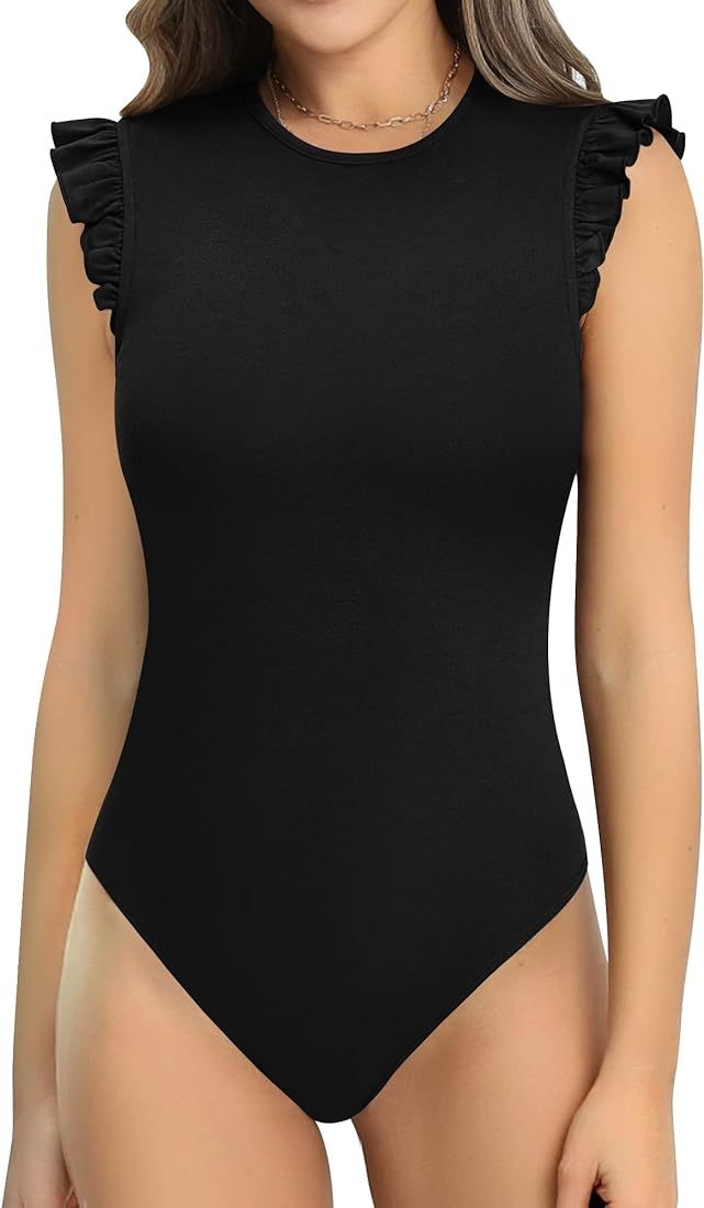 MANGOPOP Women's Body Suits Cute Crew Neck Ruffle Sleeveless Slim Fit Bodysuit Tank Tops Tight Ca... | Amazon (US)